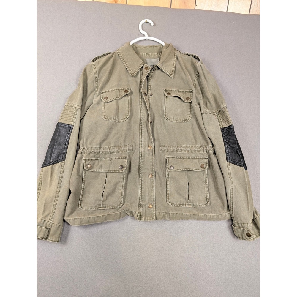 Levis Womens XL Olive Green Utility Jacket Moto Faux Leather Elbow Patch Coat
